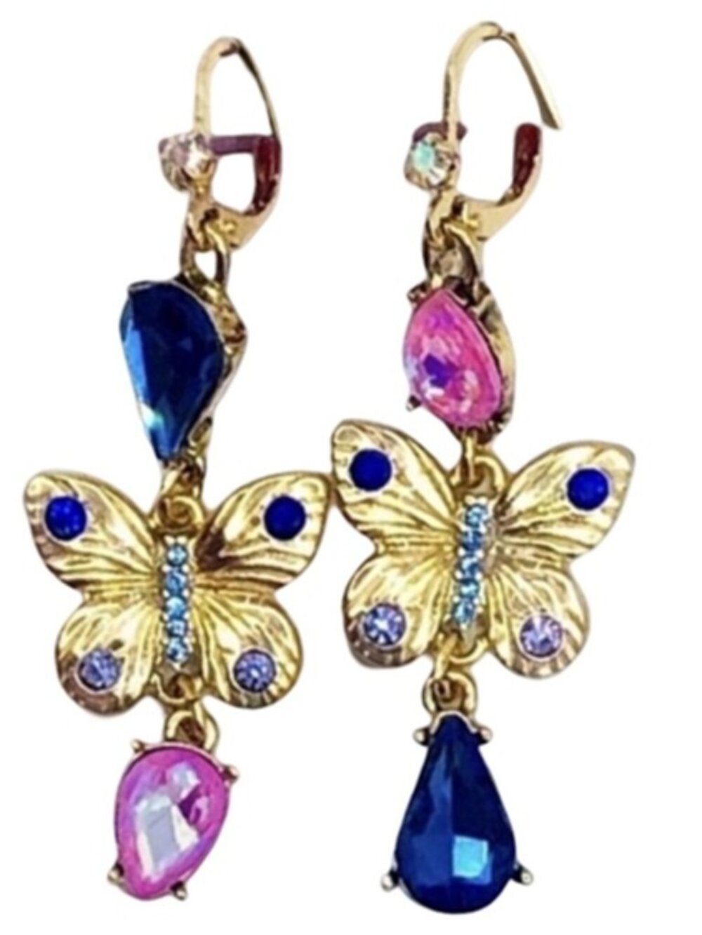 Betsey Johnson Buggin Out Butterfly Mismatch Drop Earrings Blue Pink